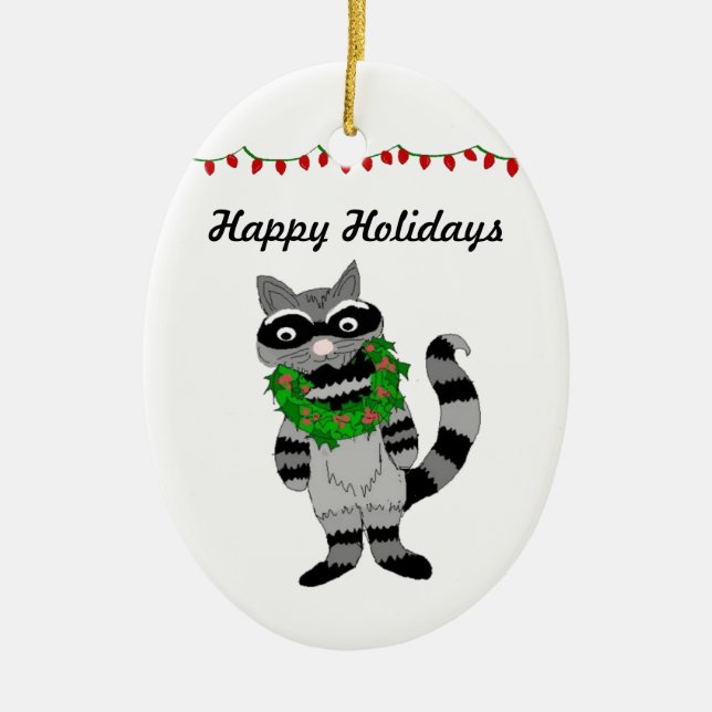 Ornamento De Cerâmica Cartoon Raccoon decking para as Férias (Frente)