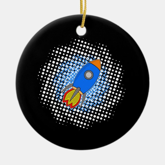 Ornamento De Cerâmica Cartoon Rocket com metade da galáxia (Frente)