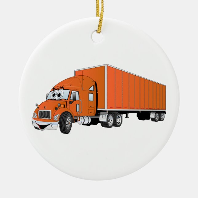 Ornamento De Cerâmica Cartoon Semi Truck Orange Trailer (Frente)