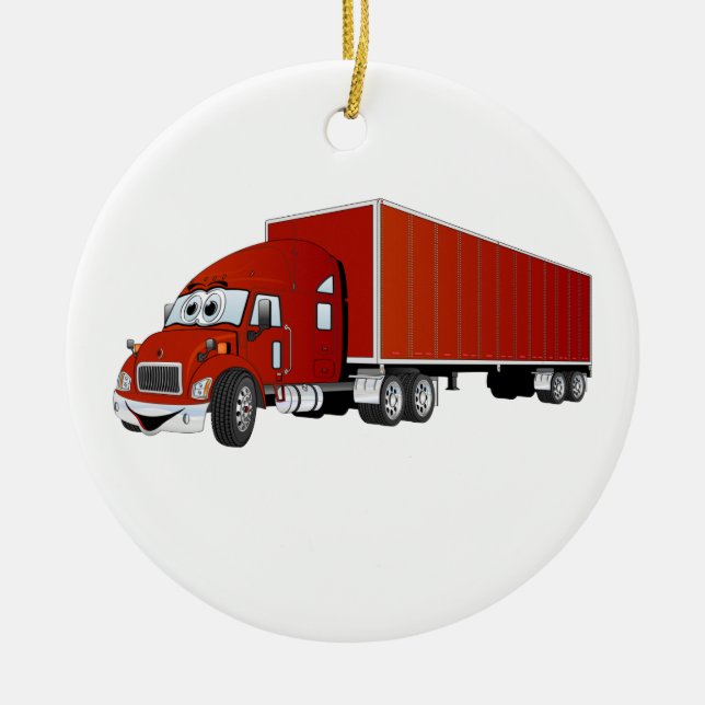 Ornamento De Cerâmica Cartoon Semi Truck Red Trailer (Frente)