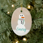 Ornamento De Cerâmica Cartoon Snowman (Nome Personalizável)<br><div class="desc">Ornamento Snowman de dupla face com nome personalizável.</div>