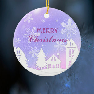 Ornamento De Cerâmica Casa Branca Roxa Flocos de Neve Xmas Ano Novo