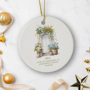 Ornamento De Cerâmica Casa de Campo com Hortênsias Azuis Natal Ano Novo