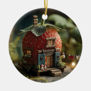 Ornamento De Cerâmica Casa de Fada de Morango com Linha de Roupa em Mini