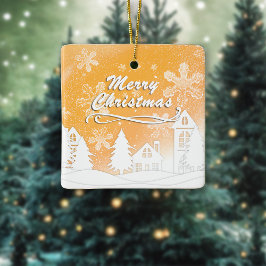 Ornamento De Cerâmica Casa de Natal Dourada com Neve Ano Novo Branco