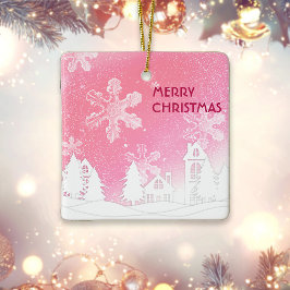 Ornamento De Cerâmica Casa de Neve Rosa Branca Feliz Natal Ano Novo