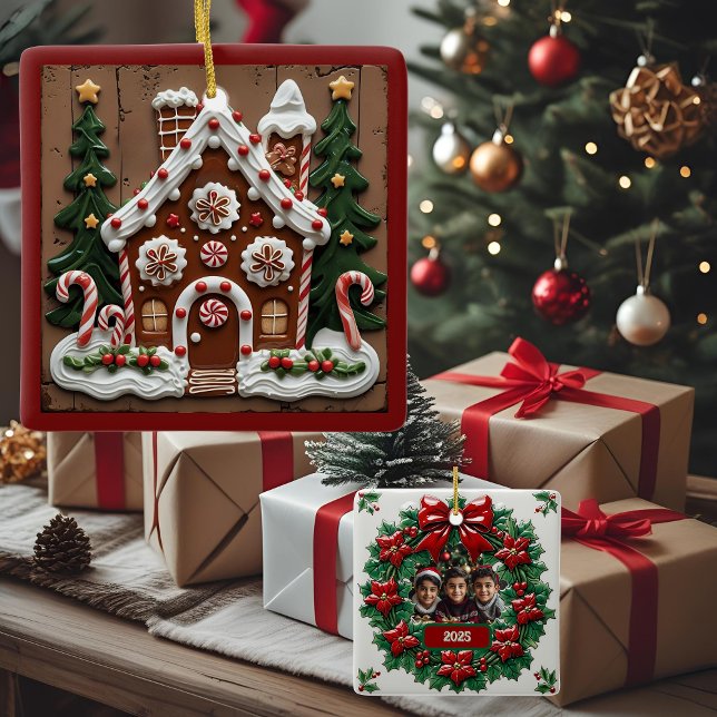 Ornamento De Cerâmica Casa de Pão de Natal Personalizável (Criador carregado)