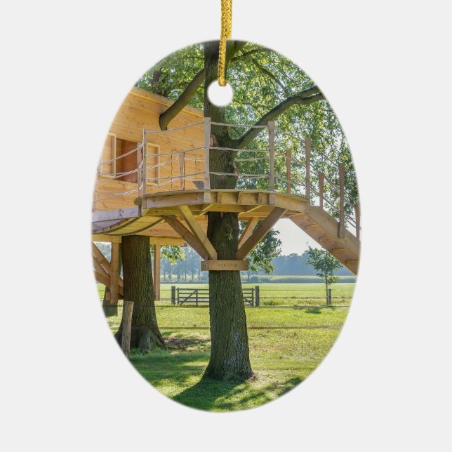Ornamento De Cerâmica Casa na árvore de madeira no carvalho com grama (Frente)