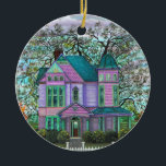 Ornamento De Cerâmica Casa Vitoriana Roxa Romântica 1800<br><div class="desc">Adoravelmente criado de uma pintura acrílica original de Blonde Blythe. Visite o site: www.BlondeBlythe.com</div>