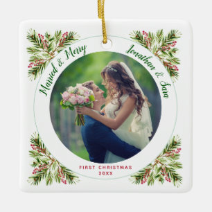 Ornamento De Cerâmica Casado e Feliz   Primeira Foto de Natal