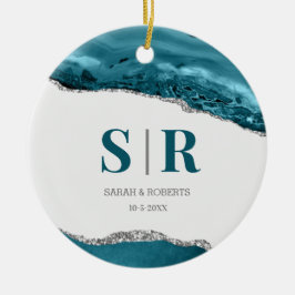 Ornamento De Cerâmica Casais de Ágata de Teal Geode Monogramas Natal Mon