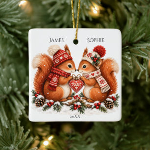 Ornamento De Cerâmica Casais de Esquilos de Natal Aconchegantes Amor Esc