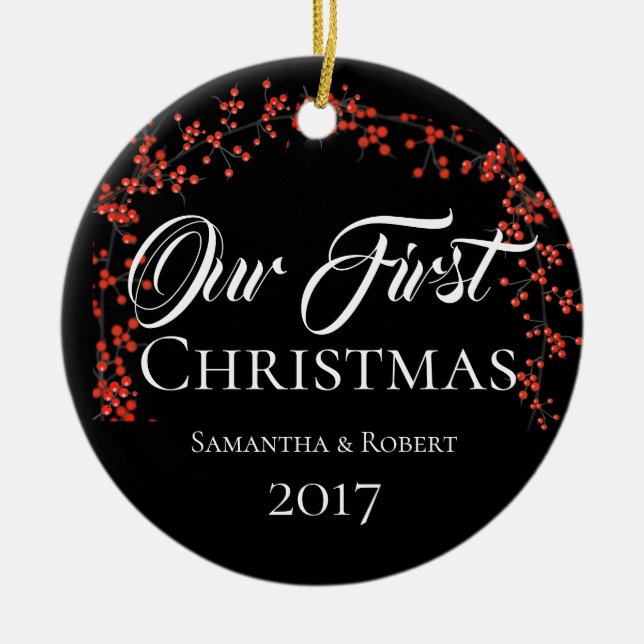 Ornamento De Cerâmica Casais Primeiro Natal com Data do Nome (Frente)