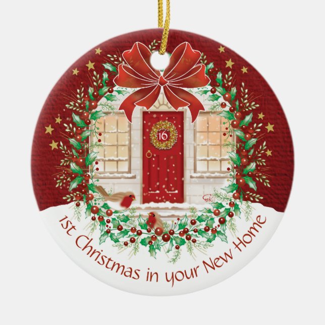 Ornamento De Cerâmica Casal 1rua Natal Nova Casa, 2 Robins (Frente)