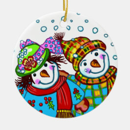 Ornamento De Cerâmica Casal Boneco de Neve 