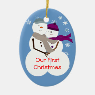 Ornamento De Cerâmica Casal da neve nosso primeiro Natal