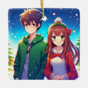 Ornamento De Cerâmica Casal de Anime Fofo de Natal