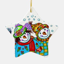 Ornamento De Cerâmica Casal de Boneco de Neve