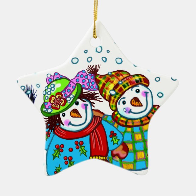 Ornamento De Cerâmica Casal de Boneco de Neve (Frente)