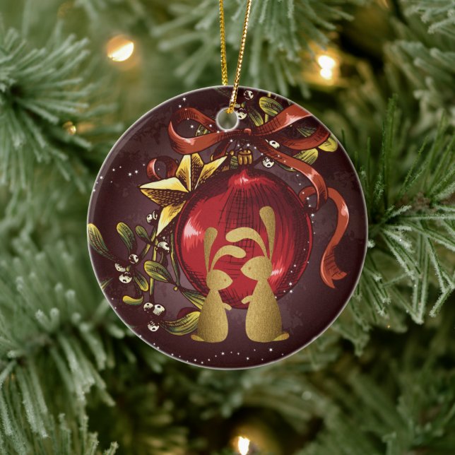 Ornamento De Cerâmica Casal de coelhinhos personalizados n' MistletoNata (Árvore)