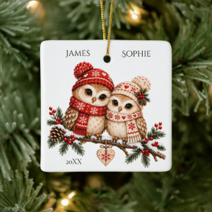 Ornamento De Cerâmica Casal de Corujas Nórdicas de Natal Escandinavo de
