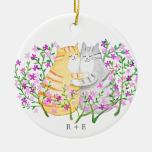 Ornamento De Cerâmica Casal de Gatos Fofos Flores Nome inicial personali