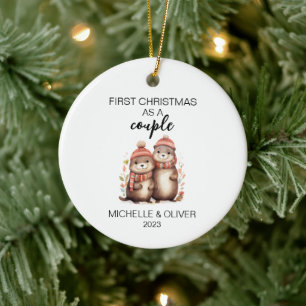 Ornamento De Cerâmica Casal de Lontras de Natal Personalizado