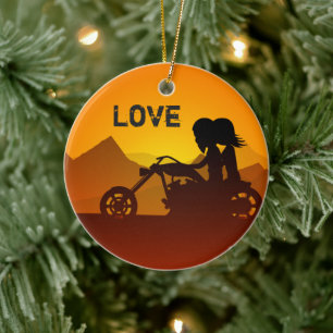 Ornamento De Cerâmica Casal de motocicleta personalizado no Sunset LOVE