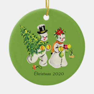 Ornamento De Cerâmica Casal de neve retrô em segundo plano