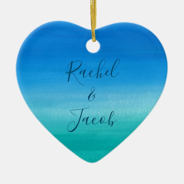 Ornamento De Cerâmica Casal do casamento de praia da aguarela (Frente)