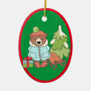 Ornamento De Cerâmica Casal do Urso de Teddy de Natal com Presente