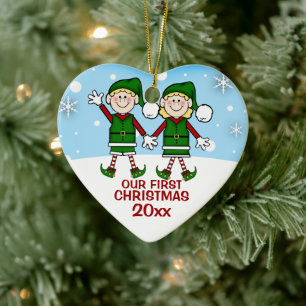 Ornamento De Cerâmica Casal Elf Primeira Ornação de Natal
