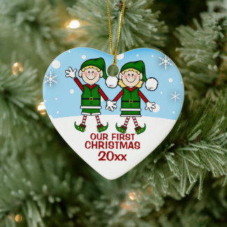 Ornamento De Cerâmica Casal Elf Primeira Ornação de Natal