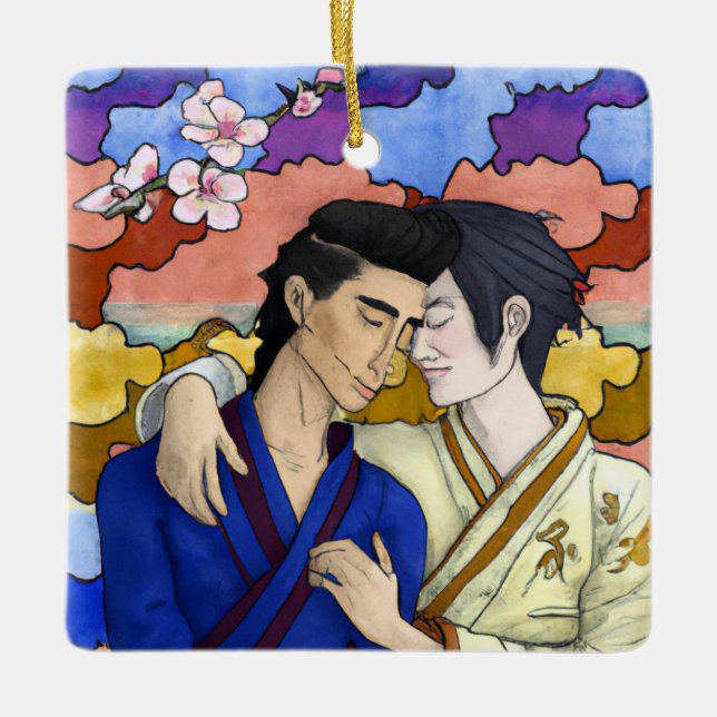 Ornamento De Cerâmica Casal gay no estilo da arte ukiyo-e japonesa (Frente)