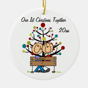 Ornamento De Cerâmica Casal no Bench Personalizado Holiday Ornament