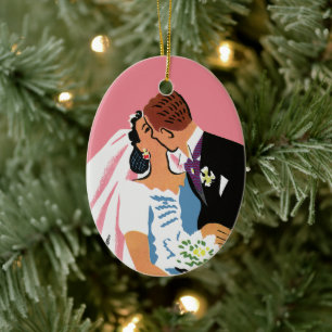 Ornamento De Cerâmica Casamento Antigo, Noiva e Noivo Retrô se Beijando