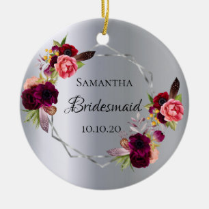 Ornamento De Cerâmica Casamento Burgundy com florais prateados da Brides