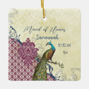 Ornamento De Cerâmica Casamento de Damasco Elegante de Pavão Azul-Marinh