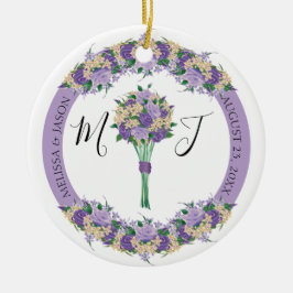 Ornamento De Cerâmica Casamento de Foto Floral Roxo Salve o Monograma de
