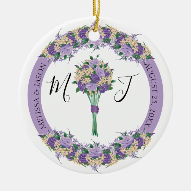 Ornamento De Cerâmica Casamento de Foto Floral Roxo Salve o Monograma de (Frente)
