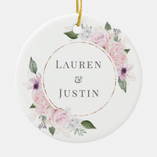 Ornamento De Cerâmica casamento de fotos florais do rosa