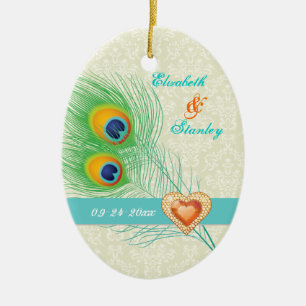 Ornamento De Cerâmica Casamento de joia da pena de Peacock