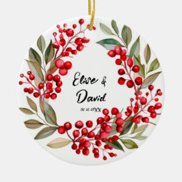Ornamento De Cerâmica Casamento de Natal Red Berry Wreath