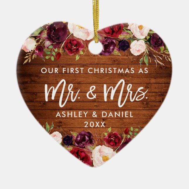 Ornamento De Cerâmica Casamento de Natal Rustic Burgundy Floral (Frente)