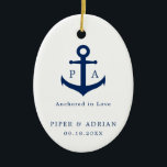Ornamento De Cerâmica Casamento do Monograma da Âncora Azul do Marinho N<br><div class="desc">Você se casou este ano? Adicione uma memória à sua árvore com este ornamento cerâmico de manutenção náutica com uma âncora azul marinho e as palavras, "Ancorado no Amor" sobre um fundo branco. Use a modelo para adicionar seus nomes e data do casamento. Este ornamento simples, mas elegante, também faz...</div>