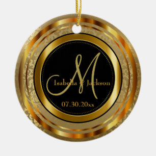 Ornamento De Cerâmica Casamento Dourado e Negro Personalizado ou Anivers