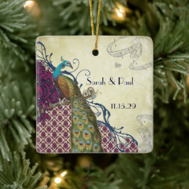 Ornamento De Cerâmica Casamento Elegante Navy & Berry Berry Damask Pavão