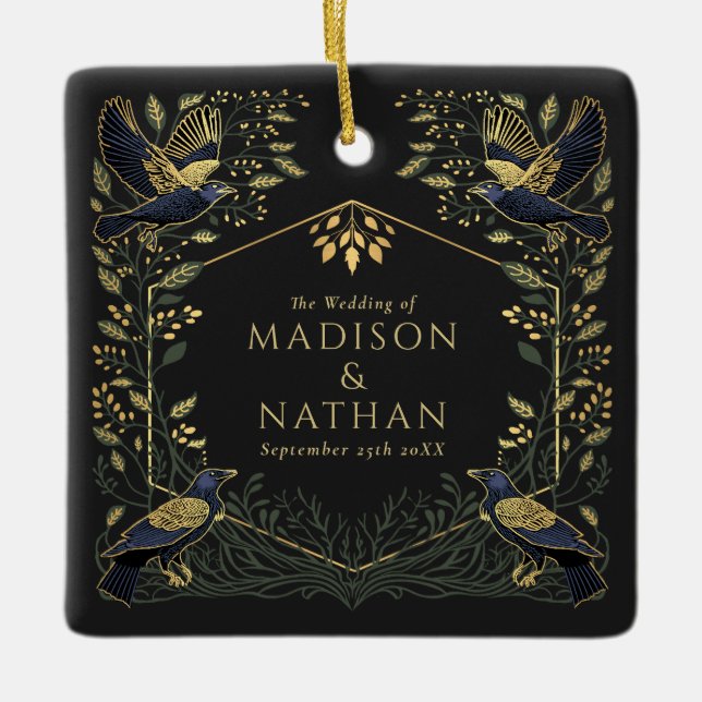 Ornamento De Cerâmica Casamento Floral de Raven Gótico Encantado Verde (Frente)