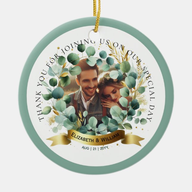 Ornamento De Cerâmica Casamento FOTO Obrigado Eucalyptus deixa favor (Frente)