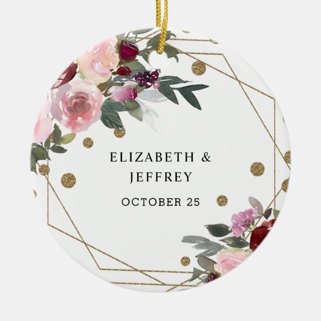 Ornamento De Cerâmica Casamento Geométrico Dourado da Floral Burgundy (Frente)